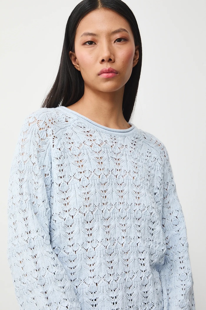 Sweter bawełniany damski ażurowy niebieski RS26-SWD305