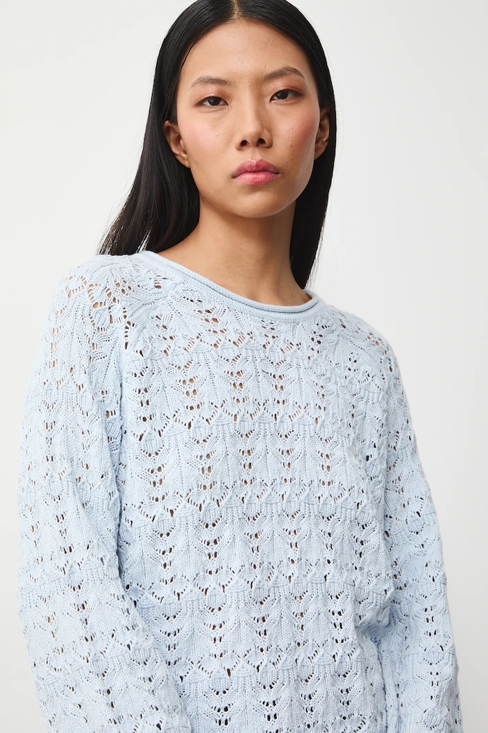 Sweter bawełniany damski ażurowy niebieski RS26-SWD305