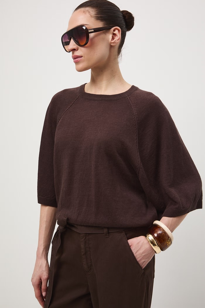 Sweter damski lniany Basic brązowy RS26-SWD502