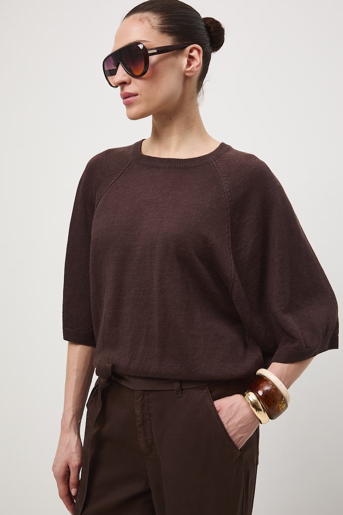 Sweter damski lniany Basic brązowy RS26-SWD502