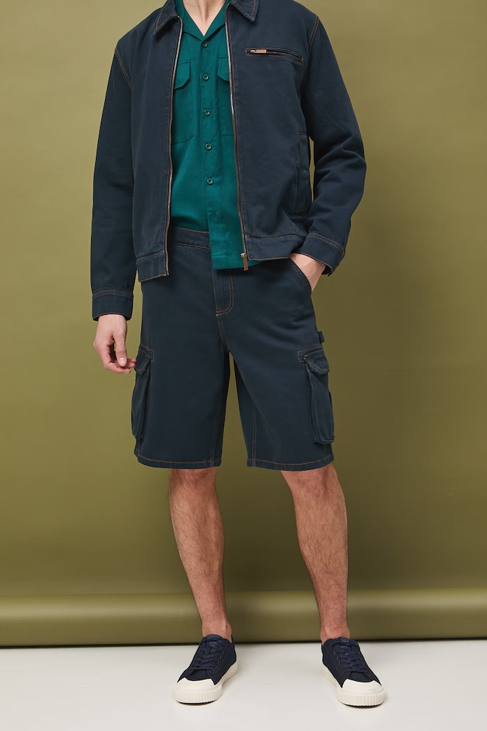 Medicine pantaloni scuți cargo pentru bărbați, din denim bleumarin RS26-SZM513