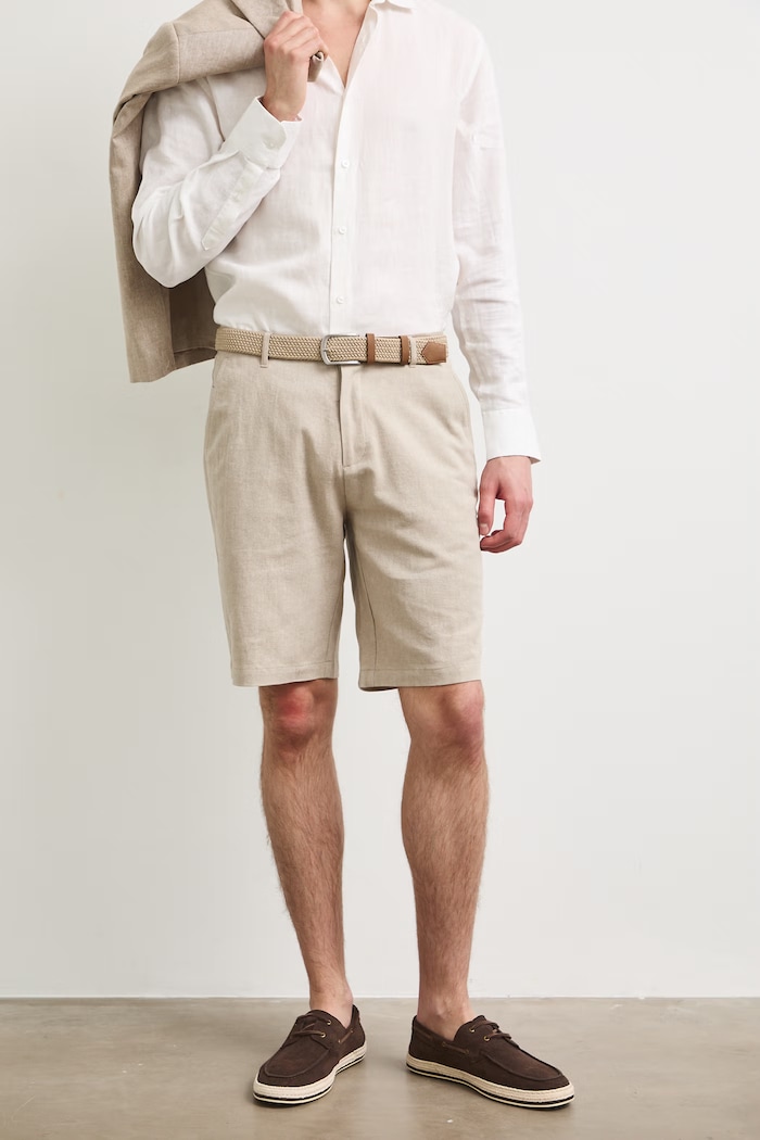 Szorty chino męskie z dodatkiem lnu regular waist RS26-SZM904 beżowy RS26