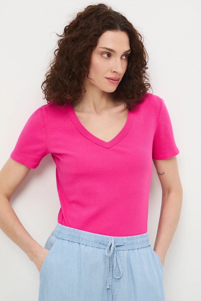 T-shirt bawełniany damski z elastanem prążkowany z elastanem różowy RS26-TSD031