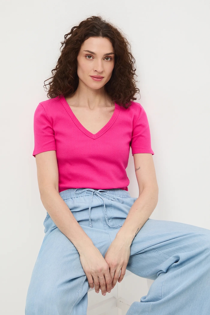T-shirt bawełniany damski z elastanem prążkowany RS26-TSD031 różowy RS26