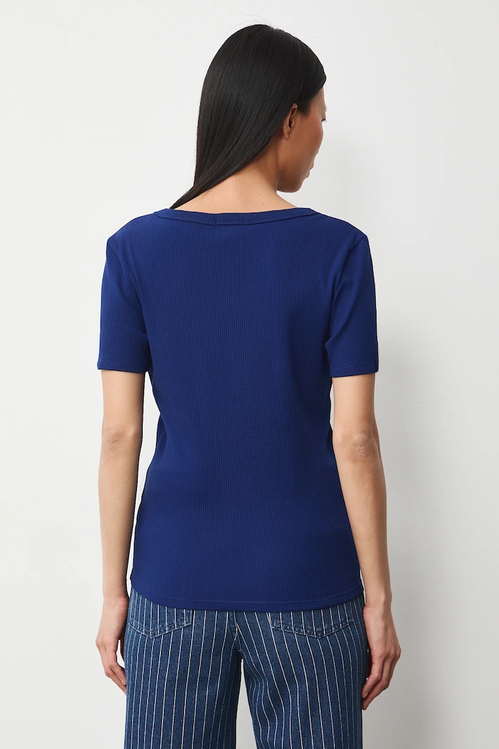 Odzież T-shirt bawełniany damski z elastanem prążkowany RS26-TSD031 niebieski
