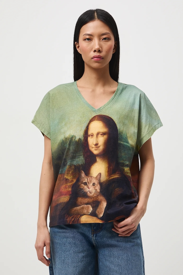 T-shirt bawełniany damski z okazji Dnia Kota wzorzyste szary RS26-TSD354