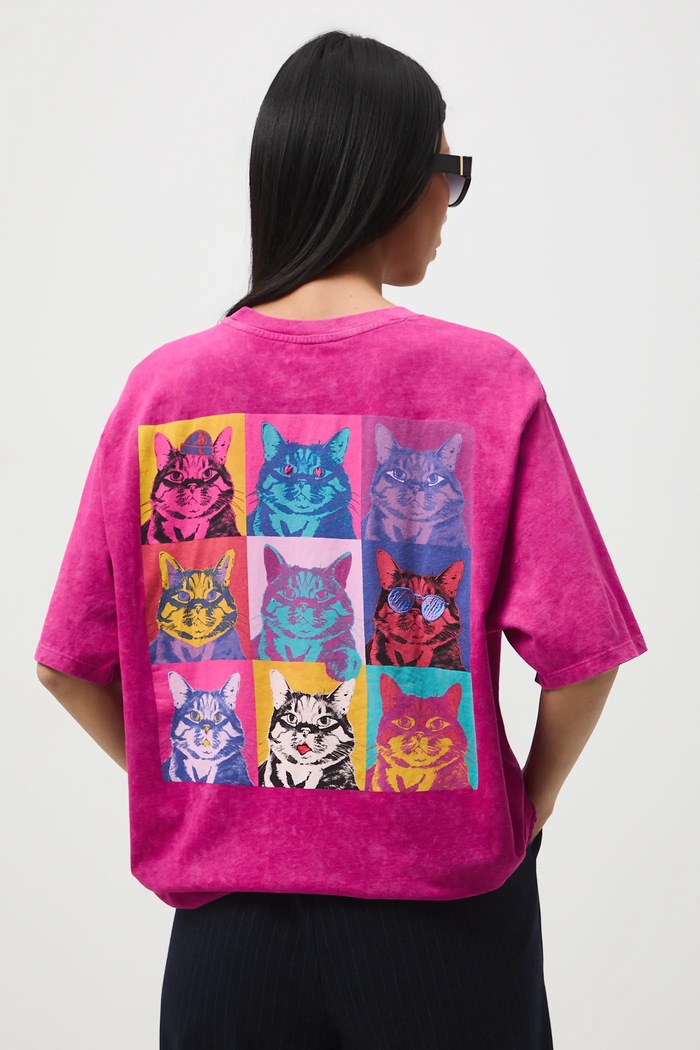 T-shirt bawełniany damski z okazji Dnia Kota okrągły fioletowy RS26-TSD355