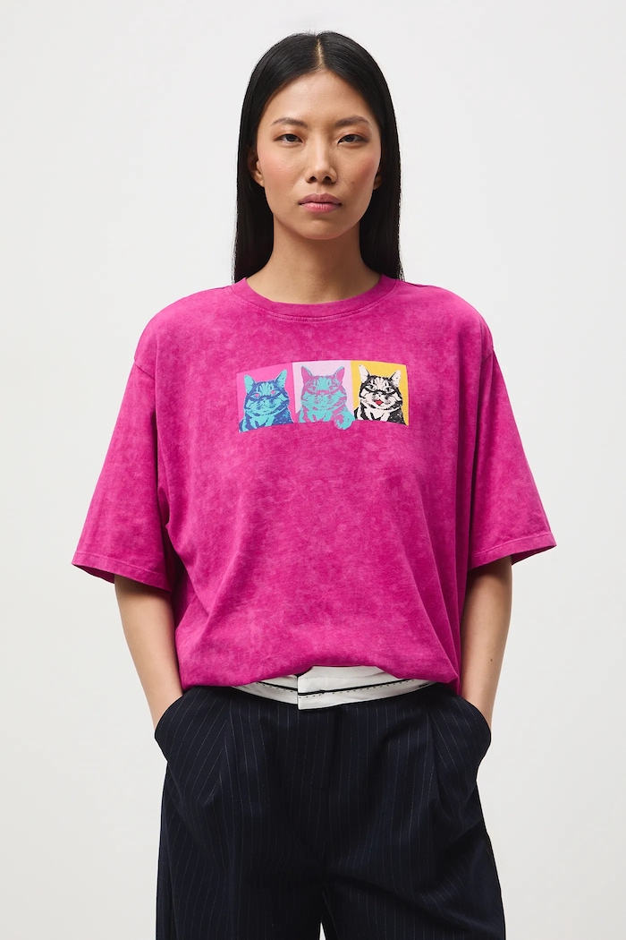 Odzież T-shirt bawełniany damski z okazji Dnia Kota RS26-TSD355 fioletowy