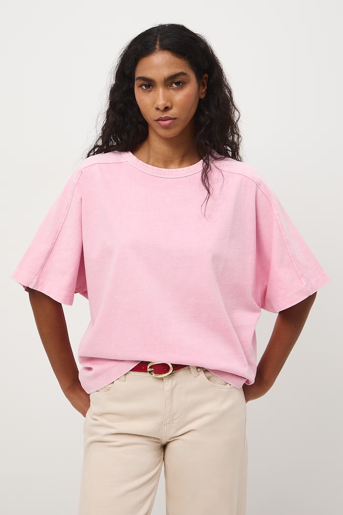 T-shirt oversize damski bawełniany różowy RS26-TSD510