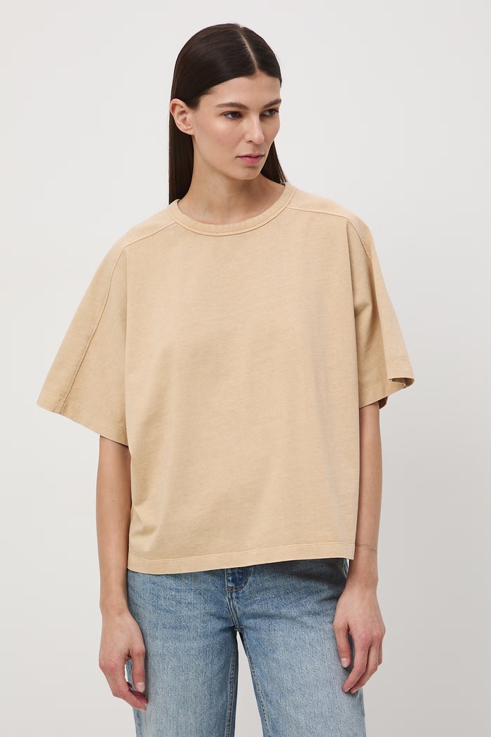 T-shirt oversize damski bawełniany beżowy RS26-TSD510