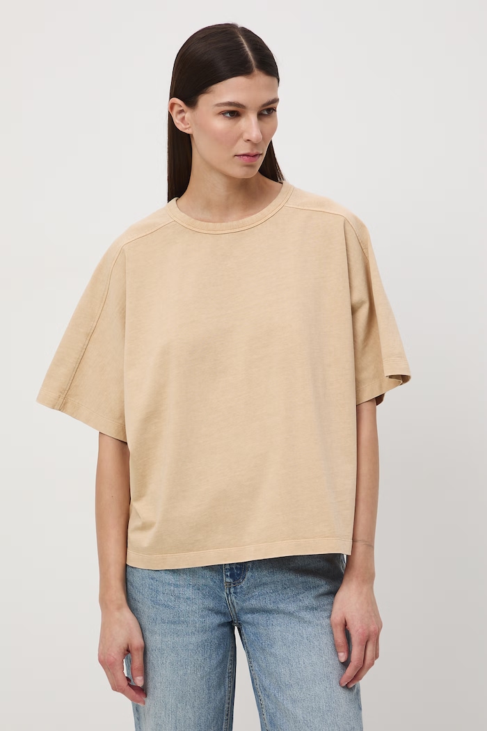 T-shirt oversize damski bawełniany beżowy RS26-TSD510