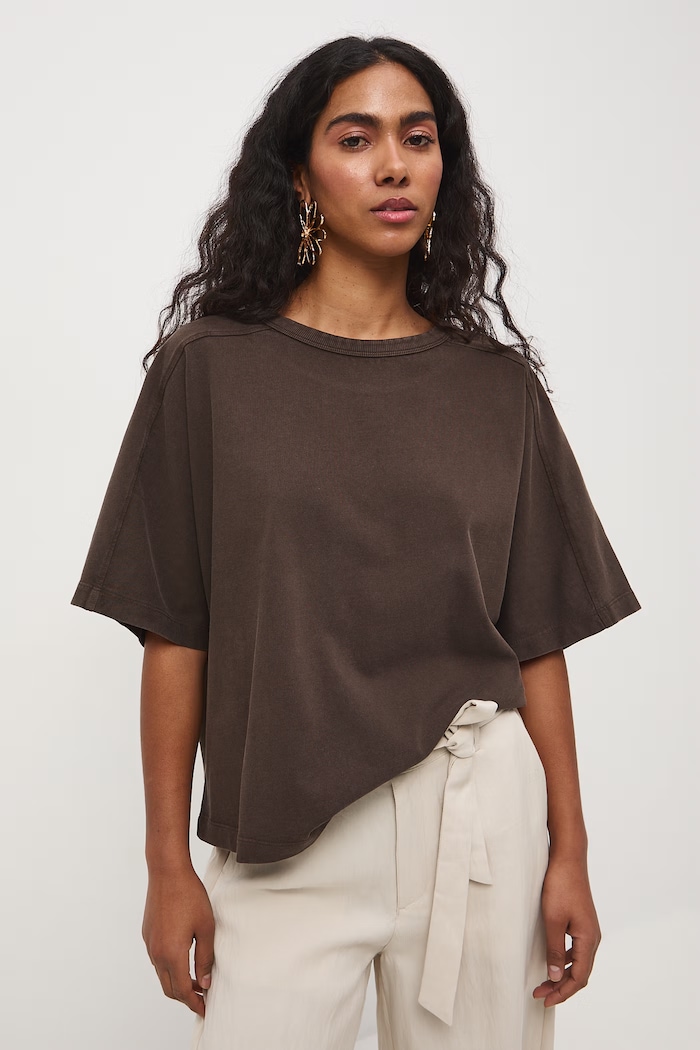 T-shirt oversize damski bawełniany brązowy RS26-TSD510