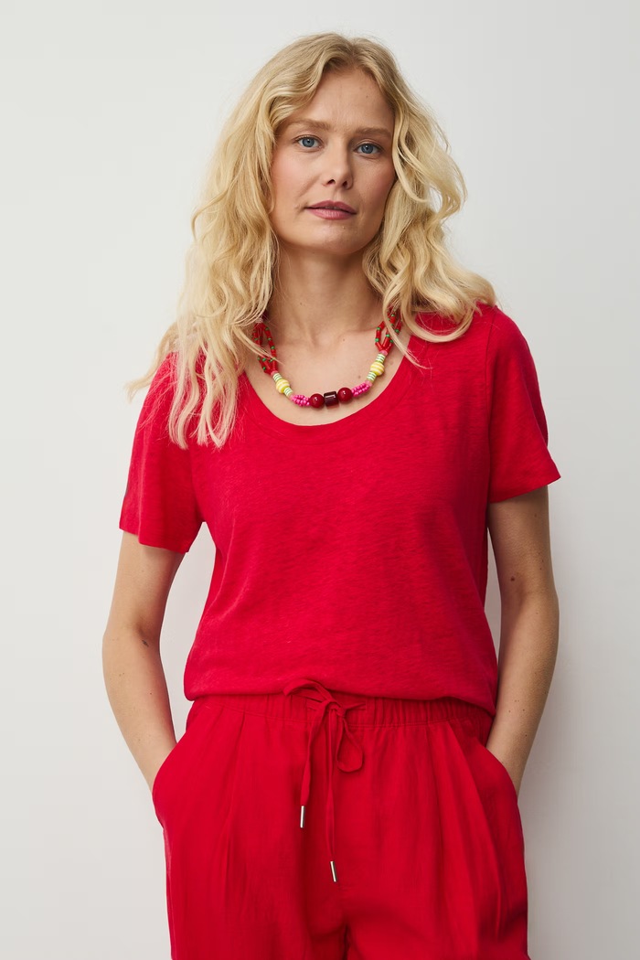 T-shirt damski lniany Basic czerwony RS26-TSD701