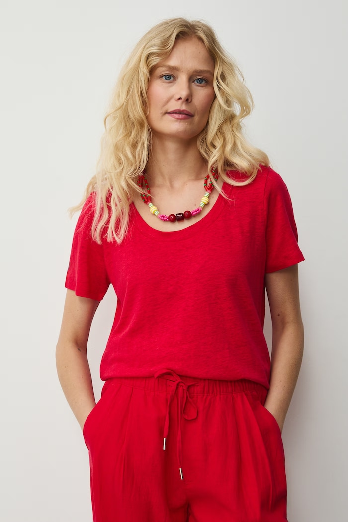 T-shirt damski lniany Basic czerwony RS26-TSD701