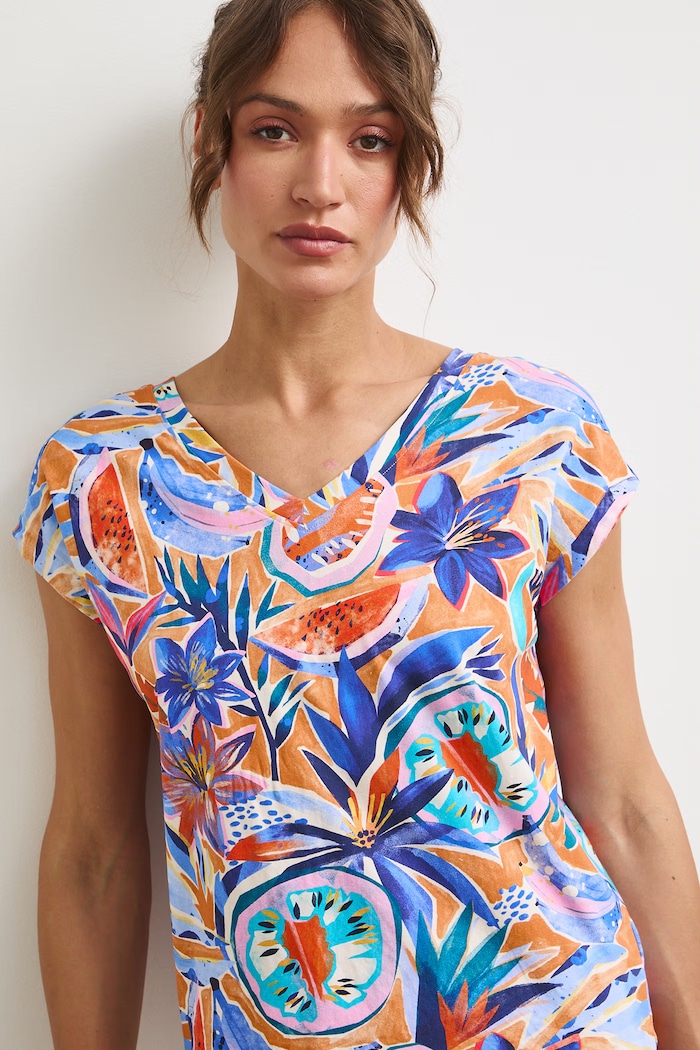 T-shirt damski bawełniany z elastanem z motywem roślinnym multicolor RS26-TSDA04