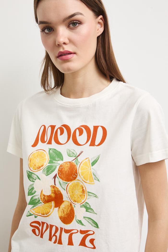 T-shirt damski bawełniany z nadrukiem beżowy RS26-TSDA06