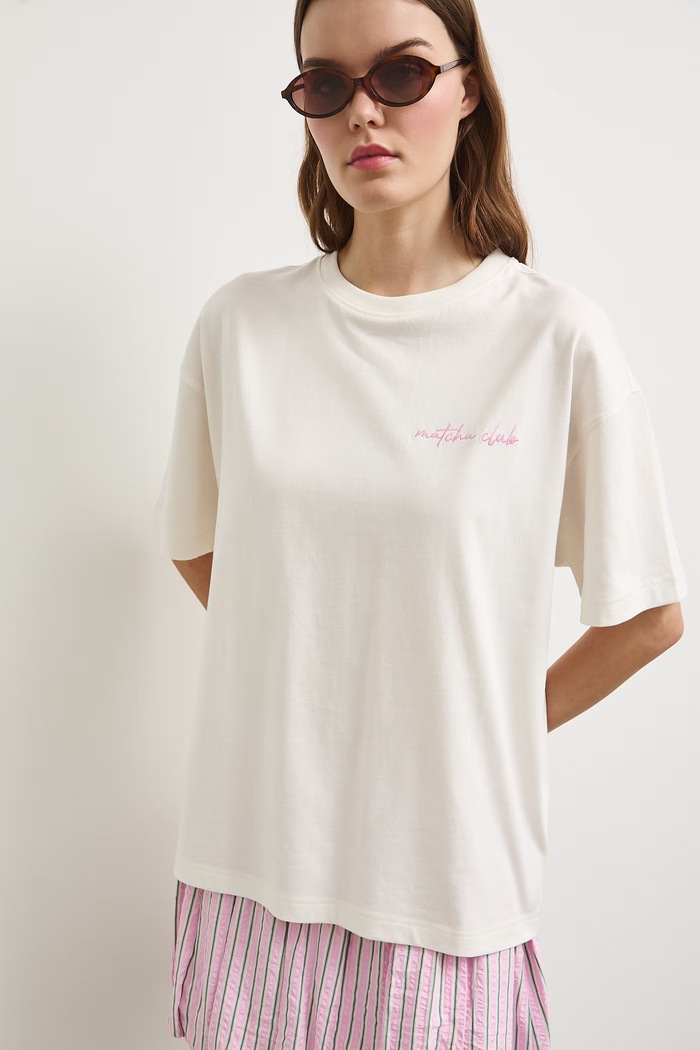 T-shirt oversize damski bawełniany RS26-TSDA08 beżowy RS26