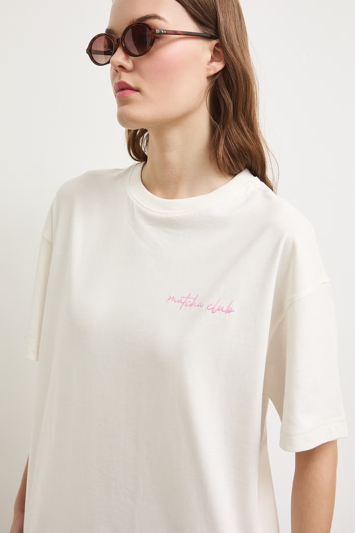 T-shirt oversize damski bawełniany beżowy RS26-TSDA08