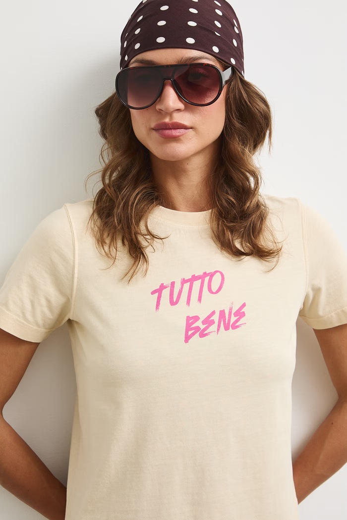 T-shirt damski bawełniany z nadrukiem żółty RS26-TSDA09