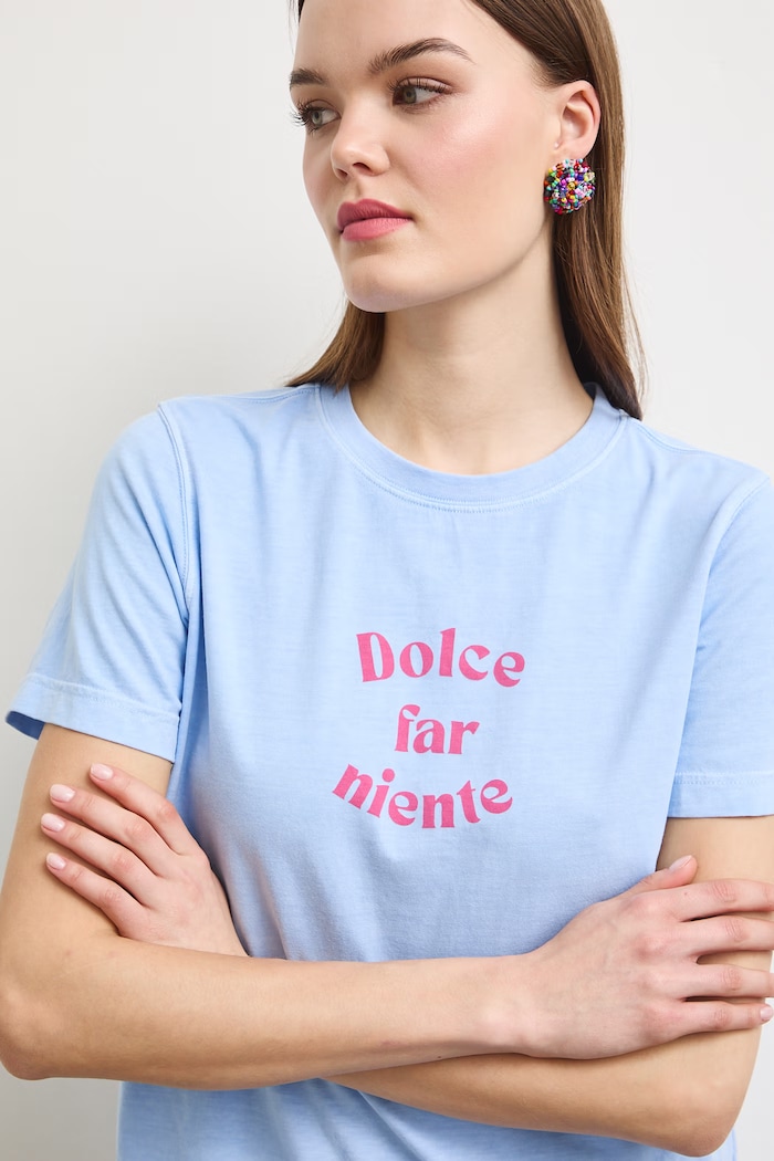 T-shirt damski bawełniany z nadrukiem niebieski RS26-TSDA09