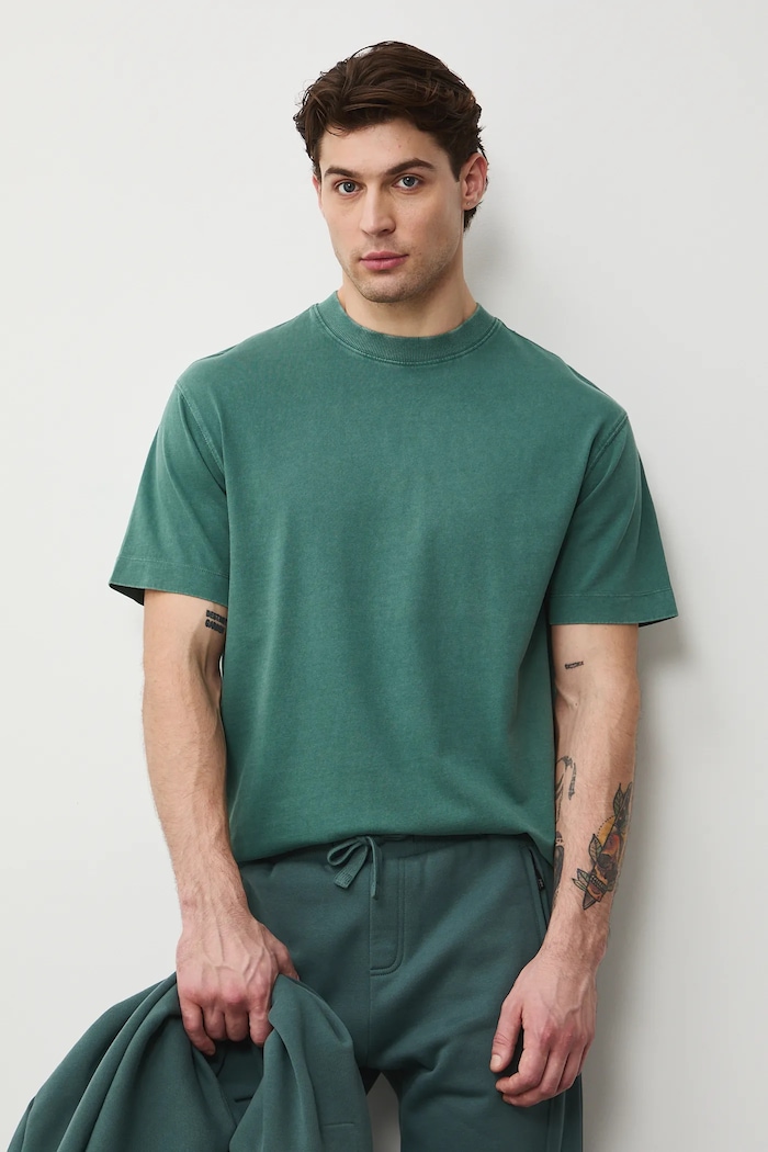 T-shirt bawełniany męski z efektem sprania bawełna zielony RS26-TSM030