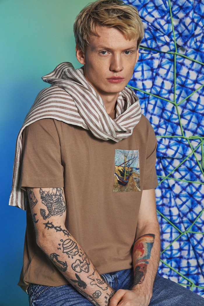 T-shirt bawełniany męski z elastanem z kolekcji Eviva L'arte RS26-TSM262 beżowy RS26