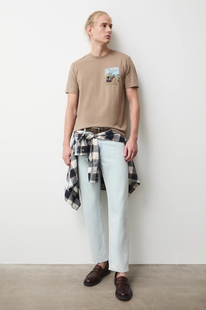 T-shirt bawełniany męski z elastanem z kolekcji Eviva L'arte okrągły beżowy RS26-TSM262