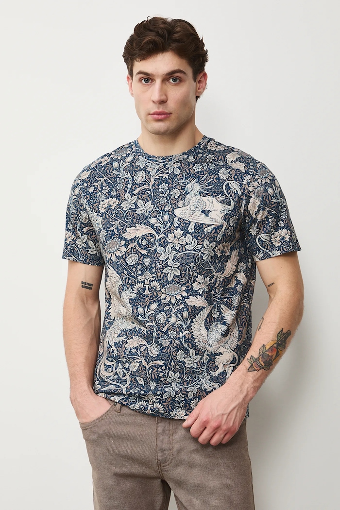 T-shirt bawełniany męski wzorzysty bawełna granatowy RS26-TSM300