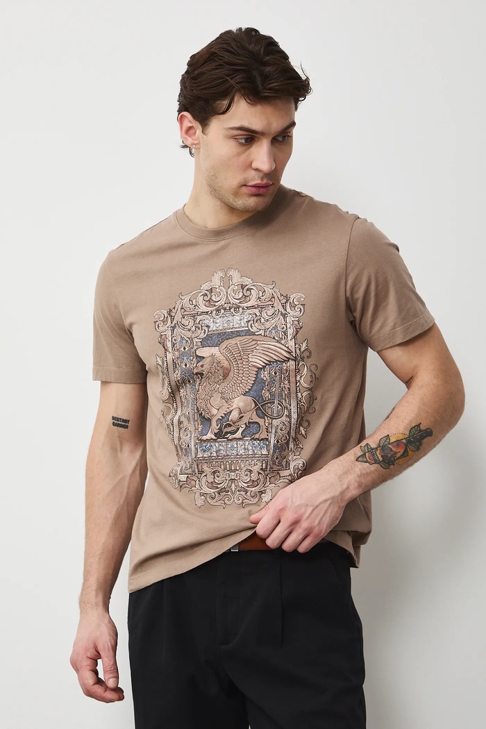 T-shirt bawełniany męski z nadrukiem RS26-TSM302 brązowy RS26