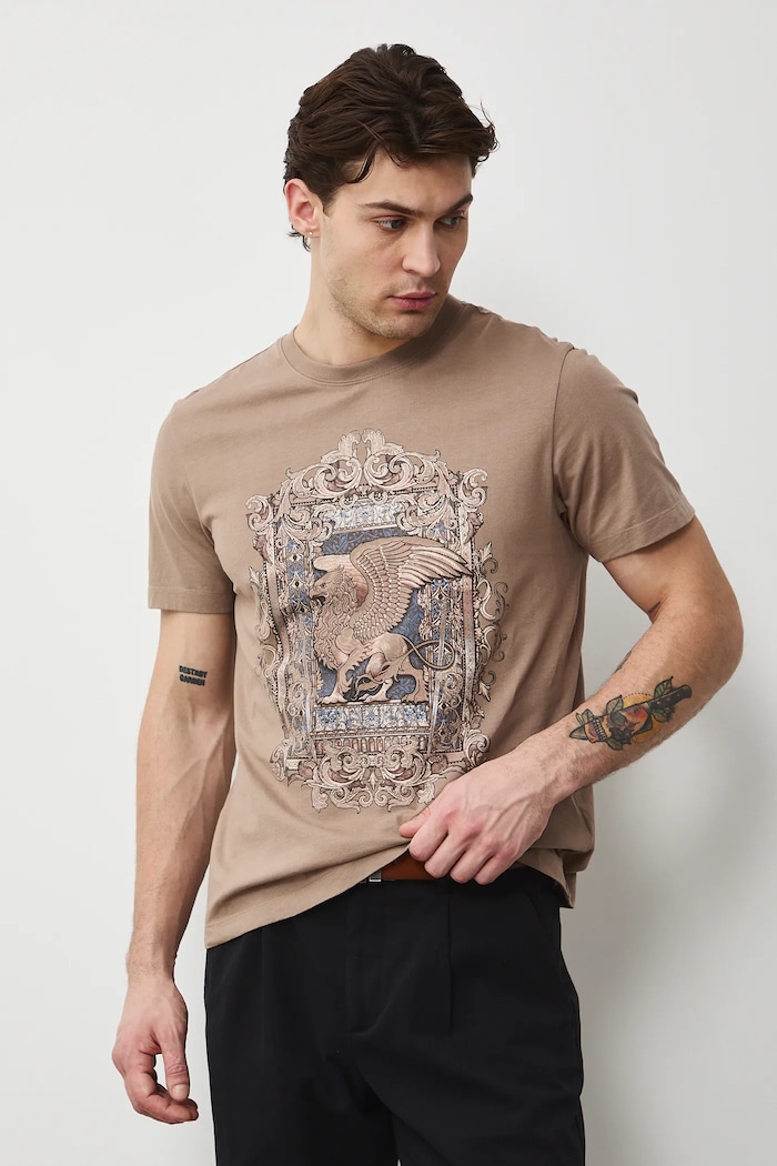 T-shirt bawełniany męski z nadrukiem RS26-TSM302 brązowy RS26