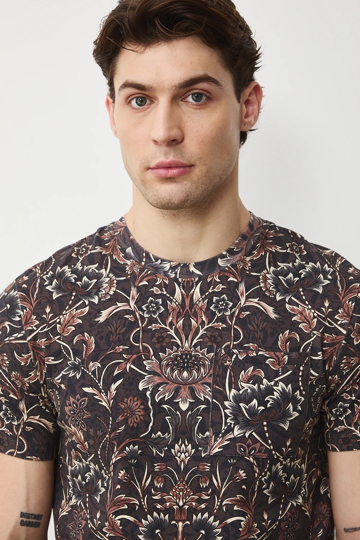 T-shirt bawełniany męski z elastanem wzorzysty brązowy RS26-TSM304