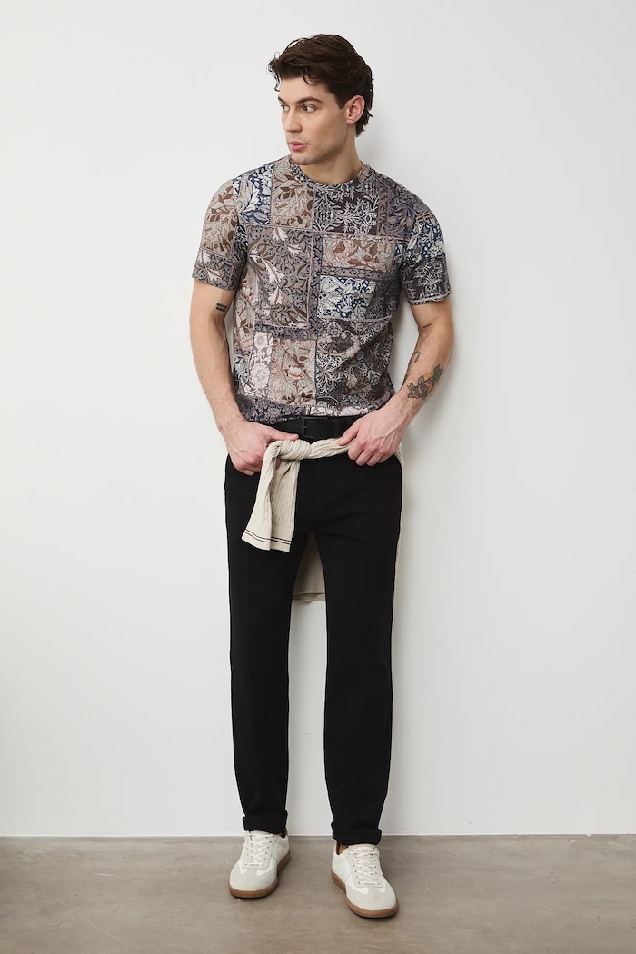 T-shirt bawełniany męski z elastanem wzorzysty RS26-TSM306 brązowy RS26