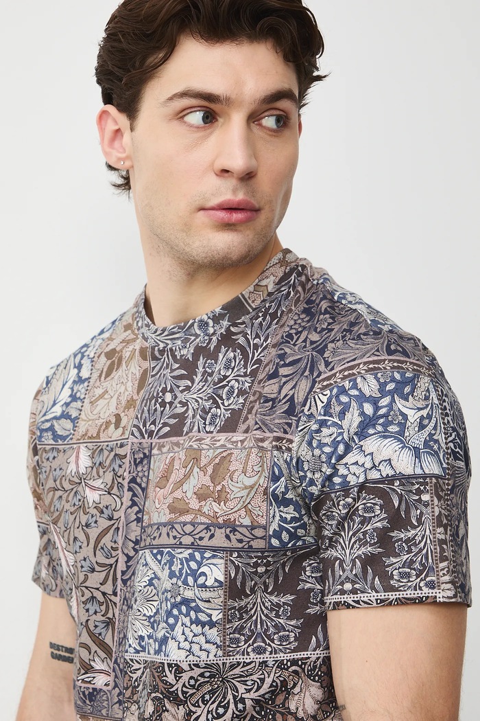 T-shirt bawełniany męski z elastanem wzorzysty brązowy RS26-TSM306