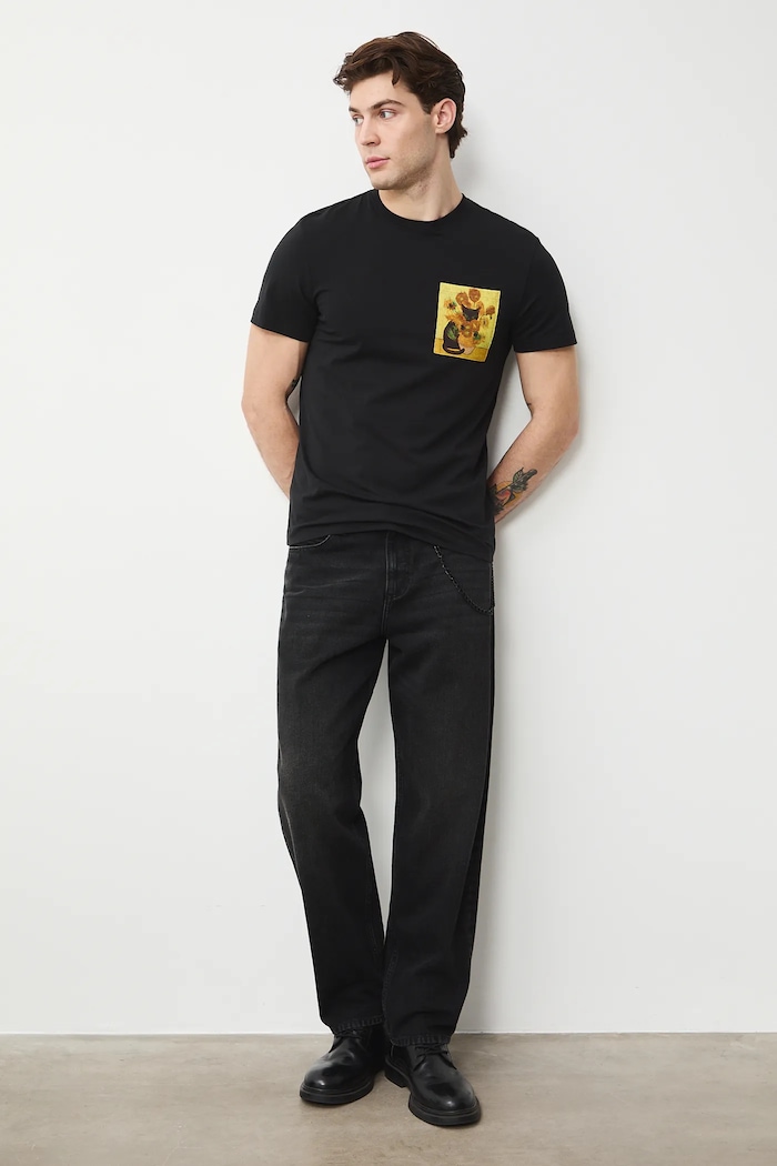 T-shirt bawełniany męski z elastanem z okazji Dnia Kota RS26-TSM352 czarny RS26