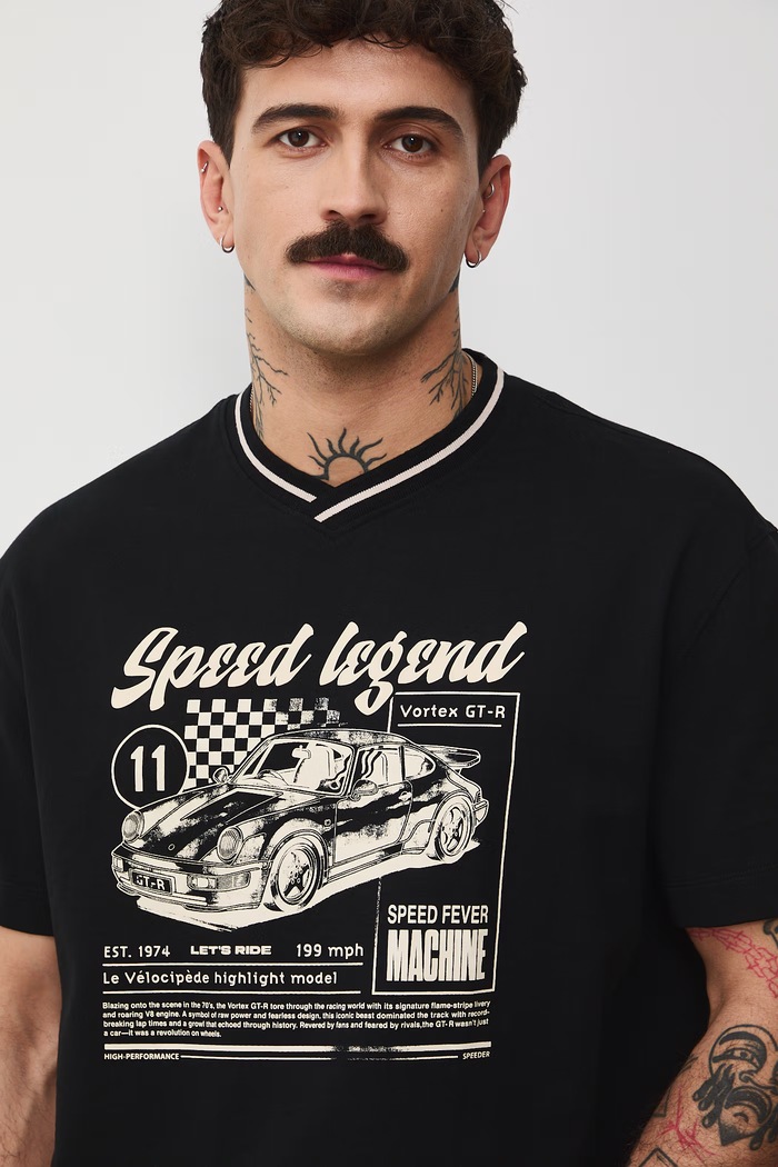 T-shirt bawełniany męski z nadrukiem czarny RS26-TSM400