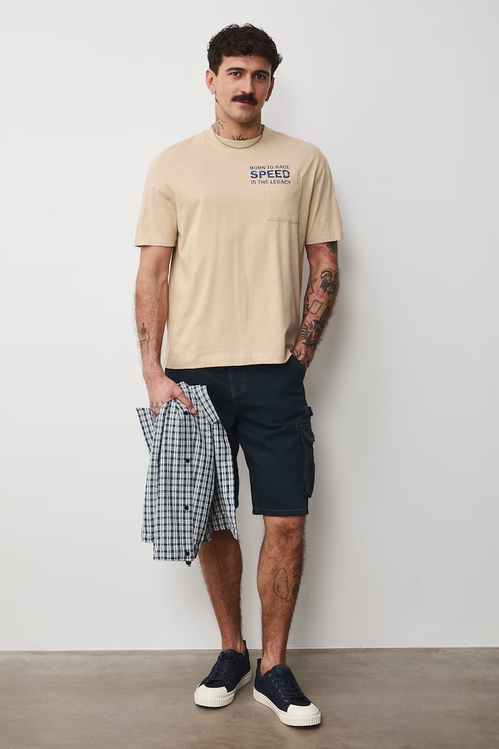 T-shirt bawełniany męski z nadrukami RS26-TSM403 beżowy RS26