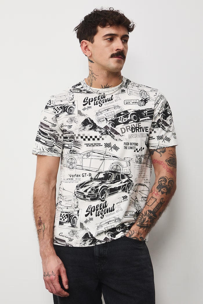 T-shirt bawełniany męski wzorzysty bawełna beżowy RS26-TSM405
