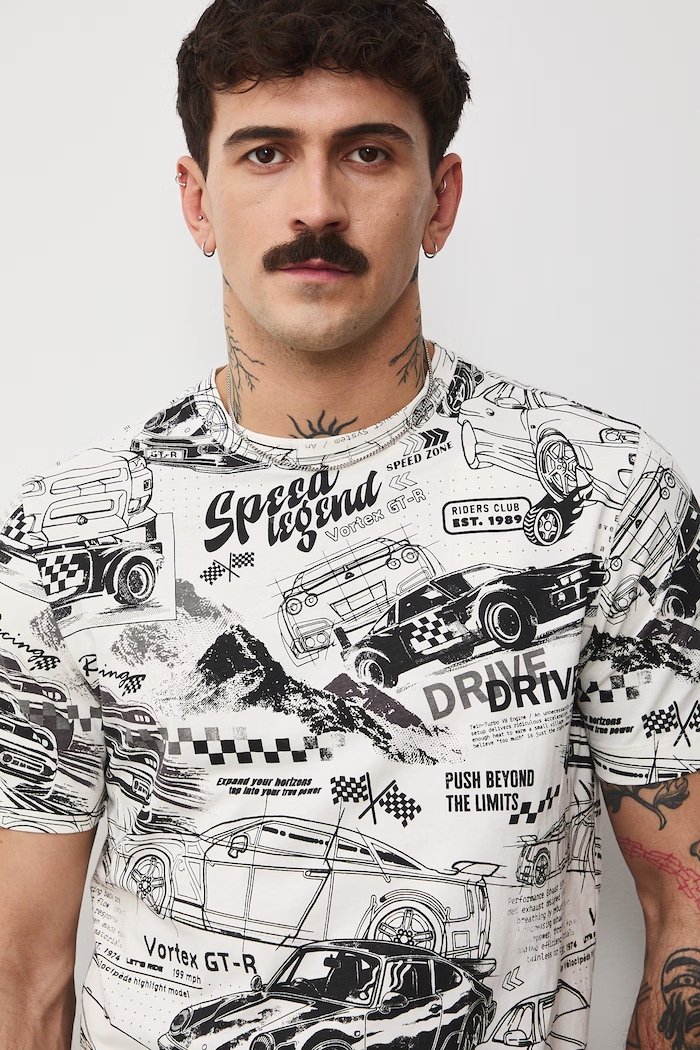 T-shirt bawełniany męski wzorzysty beżowy RS26-TSM405