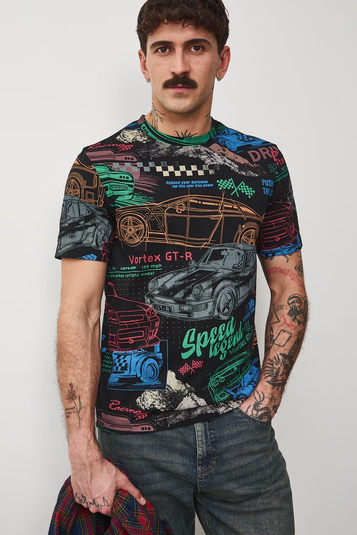 T-shirt bawełniany męski wzorzysty bawełna czarny RS26-TSM405