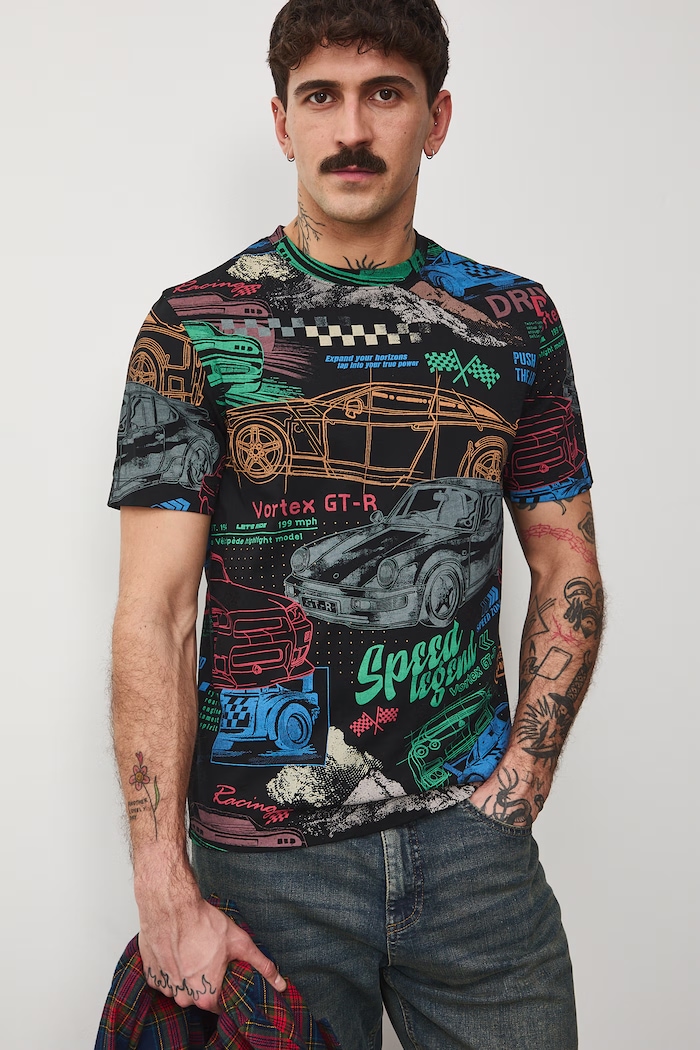 T-shirt bawełniany męski wzorzysty bawełna czarny RS26-TSM405