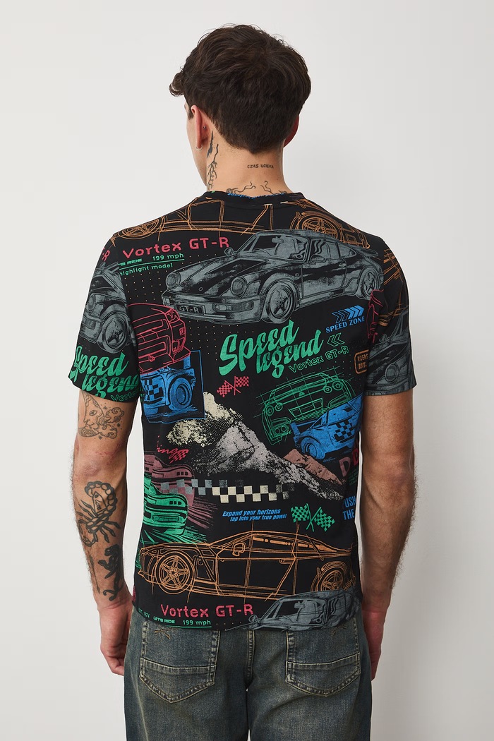 Odzież T-shirt bawełniany męski wzorzysty RS26-TSM405 czarny
