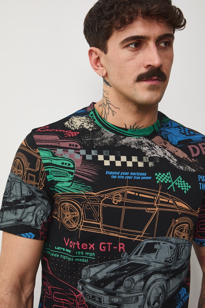 T-shirt bawełniany męski wzorzysty czarny RS26-TSM405