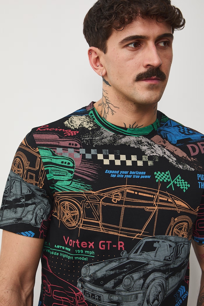 T-shirt bawełniany męski wzorzysty czarny RS26-TSM405