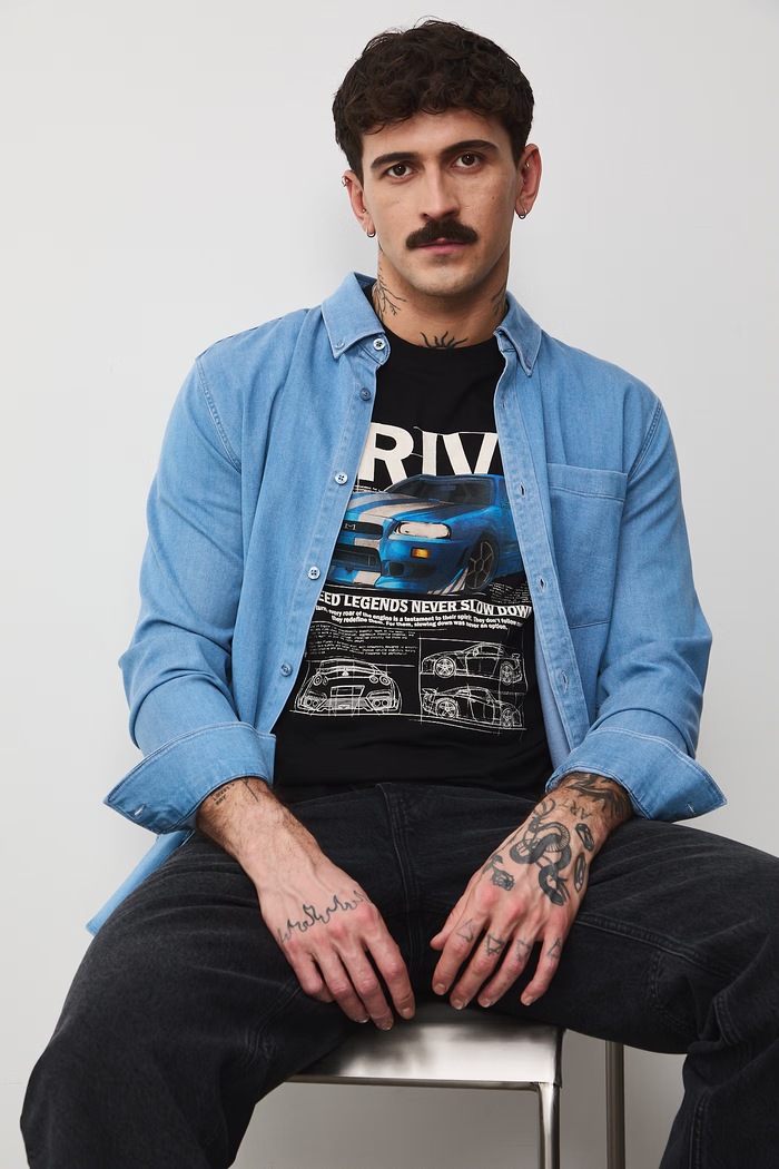 T-shirt bawełniany męski z nadrukiem czarny RS26-TSM409