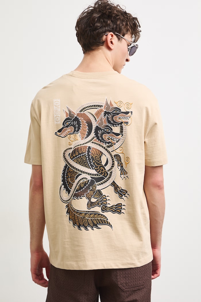 Odzież T-shirt męski bawełniany z nadrukiem RS26-TSM909 beżowy