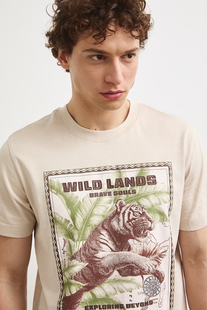 T-shirt męski bawełniany z nadrukiem beżowy RS26-TSMB13