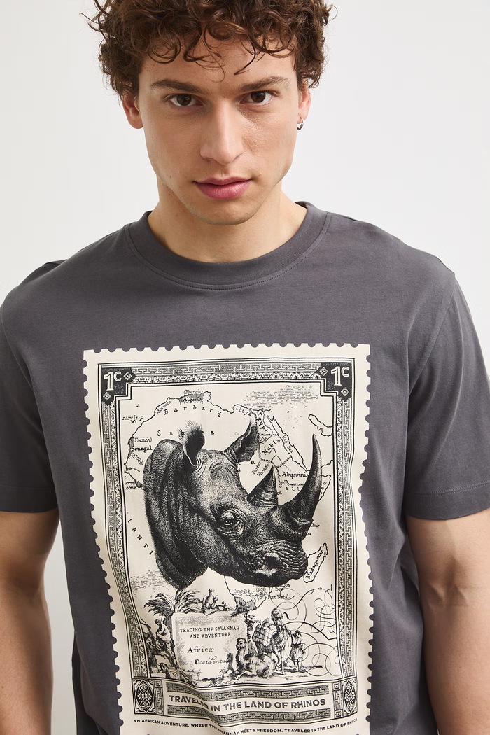 T-shirt męski bawełniany z motywem zwierzęcym szary RS26-TSMB14