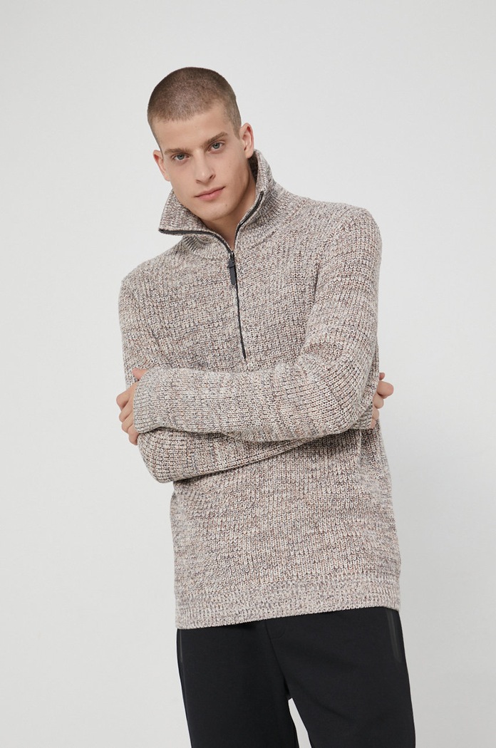 Sweter męski z wzorzystej dzianiny beżowy szary RW21-SWM703