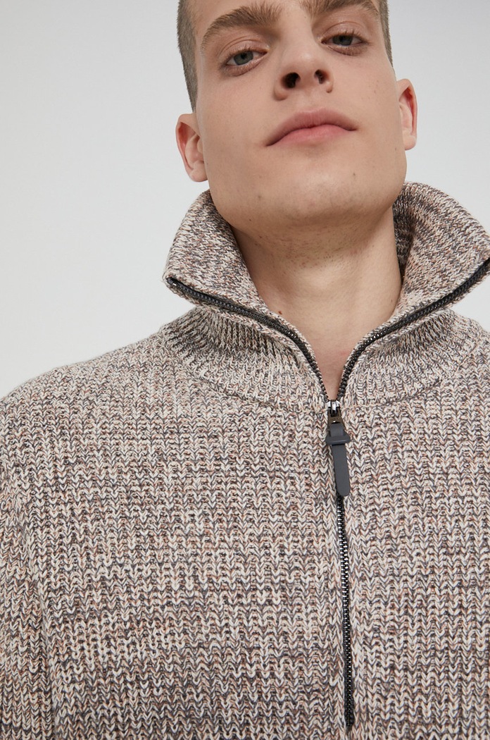 Sweter męski z wzorzystej dzianiny beżowy RW21-SWM703 szary