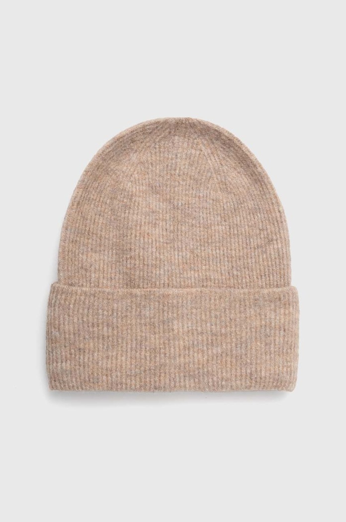 Czapka damska beanie prążkowana kolor beżowy średniej grubości beżowy RW23.CAD503